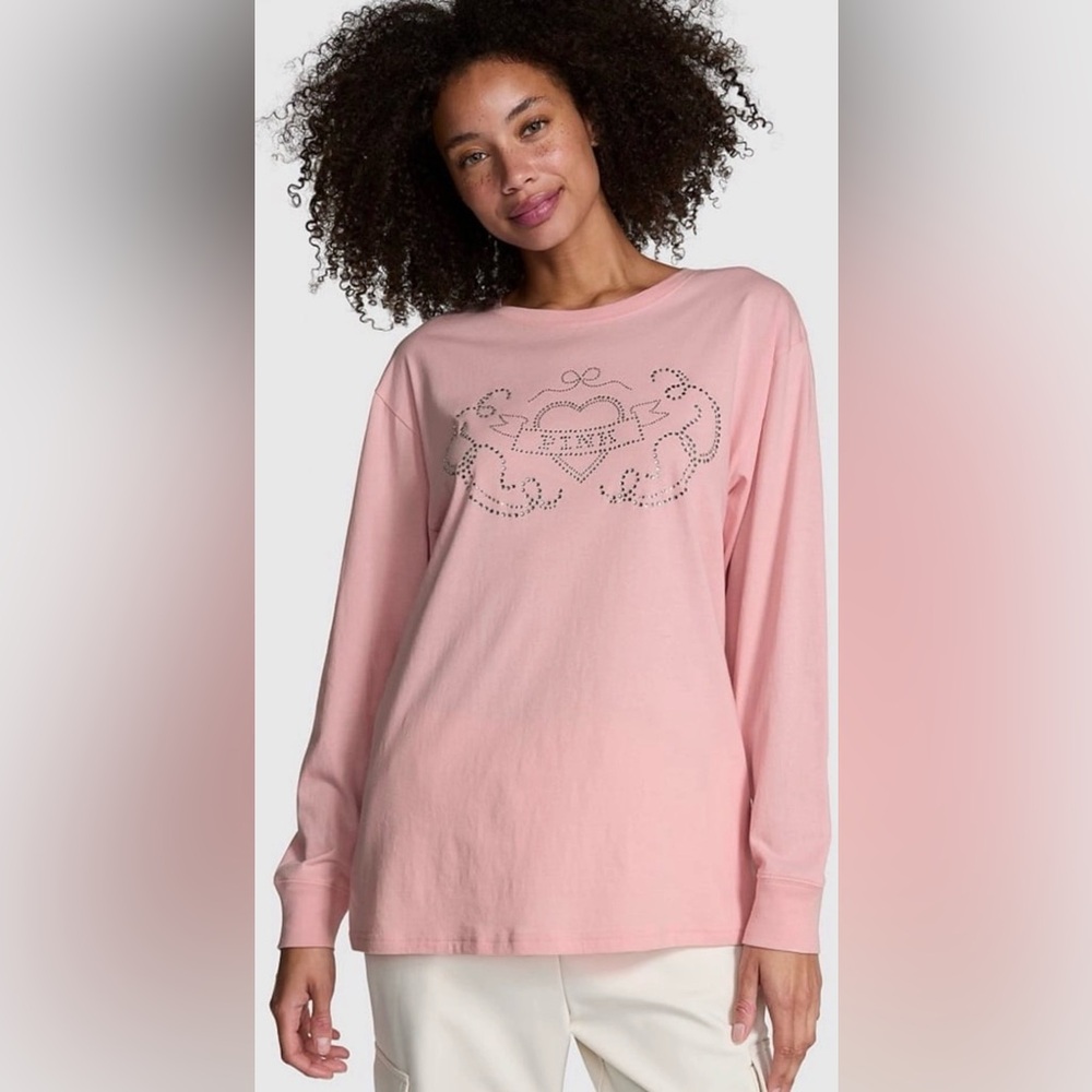 PINK Victoria’s Secret HTF Rhinestone Logo Long Sleeve Tee Pink NWT Large